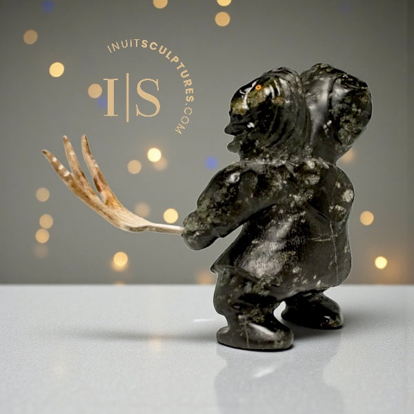 VINTAGE 12" Hunter and Child by Wayne Puqiqnak Gjoa Haven *Hunting Caribou*