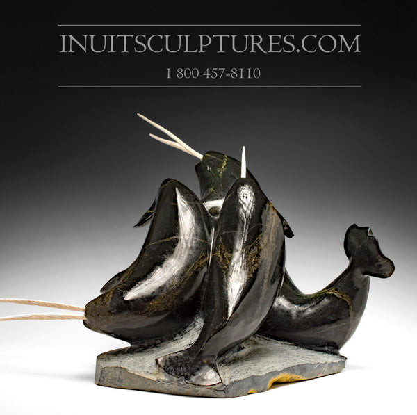 Masterpiece  22" 60 Lbs School of Double Tusk Narwhals by Jaco Ishulutak